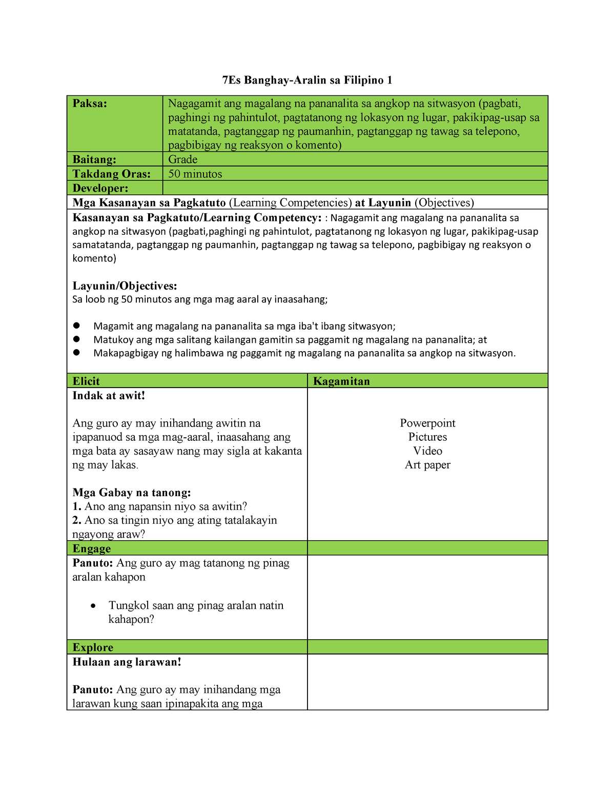 7es Lesson Plan - 7Es Banghay-Aralin Sa Filipino 1 Paksa: Nagagamit Ang ...