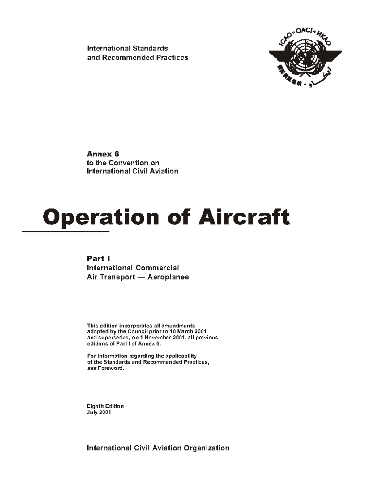 ICAO-AN06 P1 8ed - Apunts - Operation of Aircraft Annex 6 to the ...