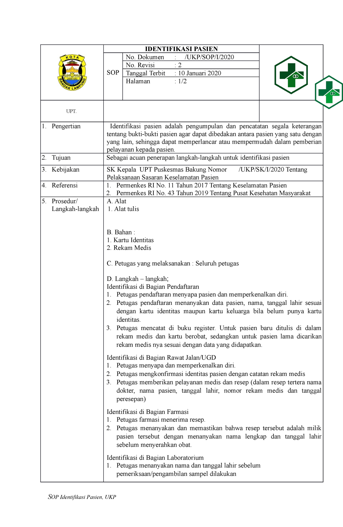 5.3.1.1 SOP Identifikasi Pasien - Copy - IDENTIFIKASI PASIEN SOP No ...