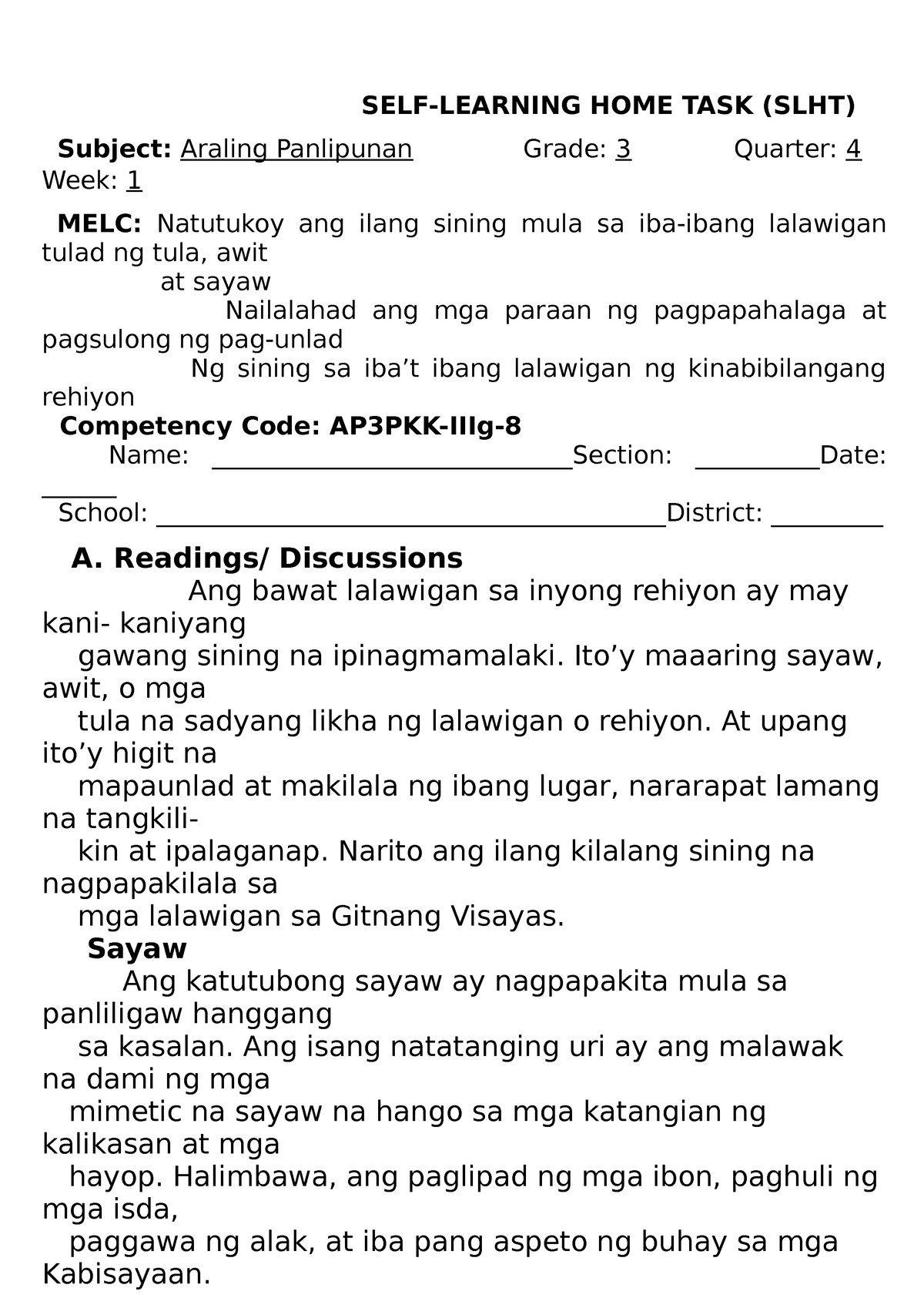 Araling Panlipunan SLHT Q4 Week 1 - SELF-LEARNING HOME TASK (SLHT ...