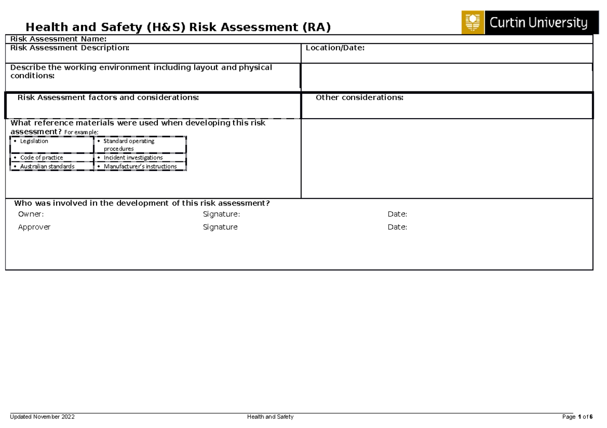 Generic Risk Assessment Form - Risk Assessment Name: Risk Assessment ...