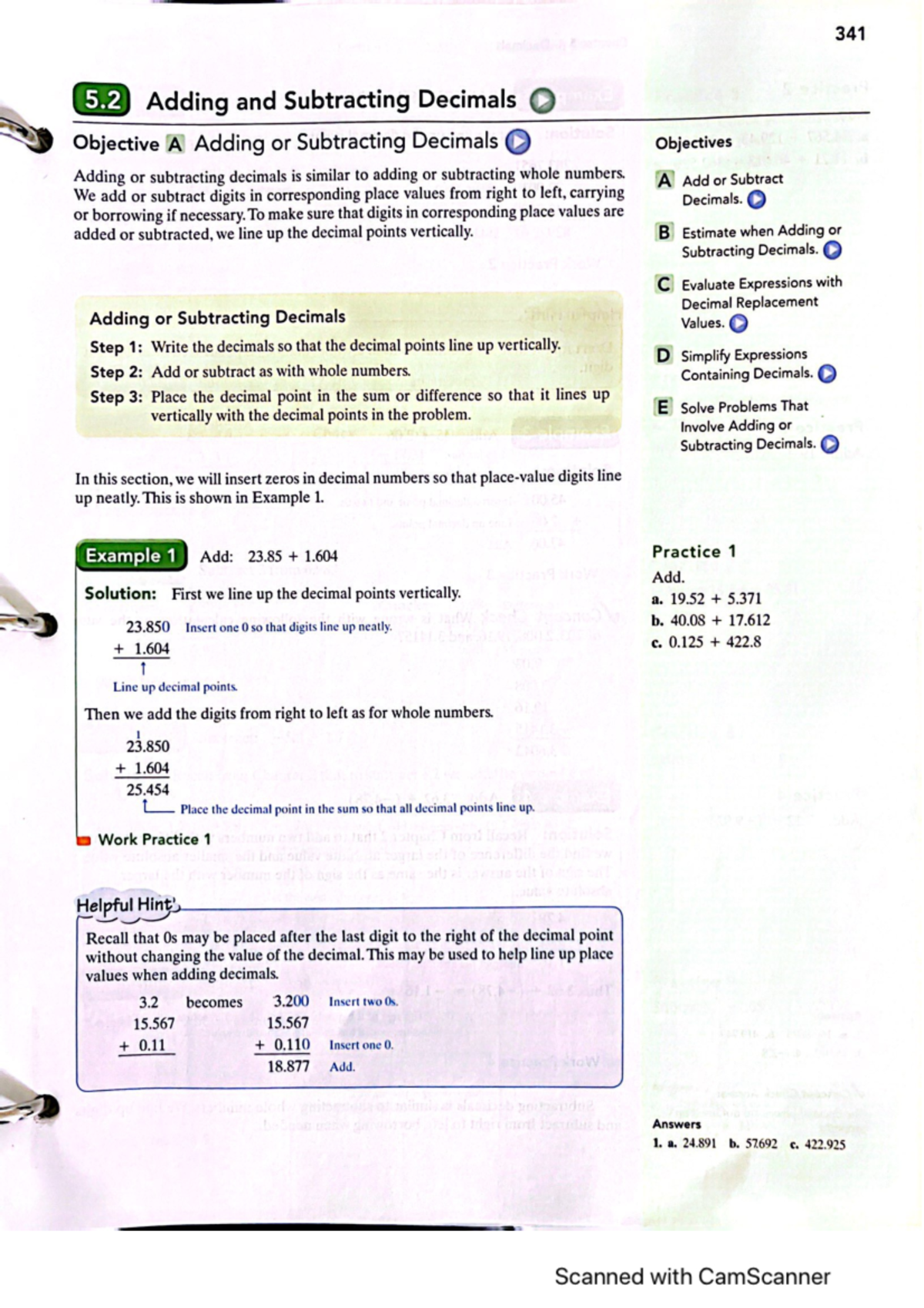 Math 111 Section 5.2 - 341 5 Adding and Subtracting Decimals Objective ...