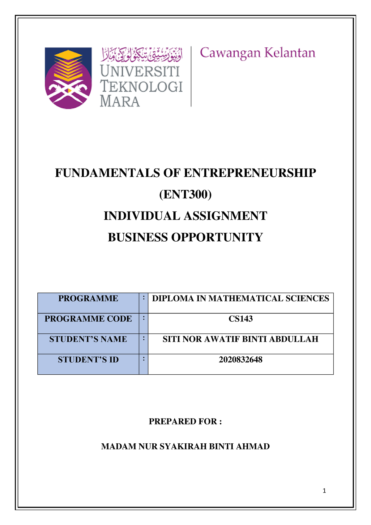business opportunity ent300 individual assignment scribd