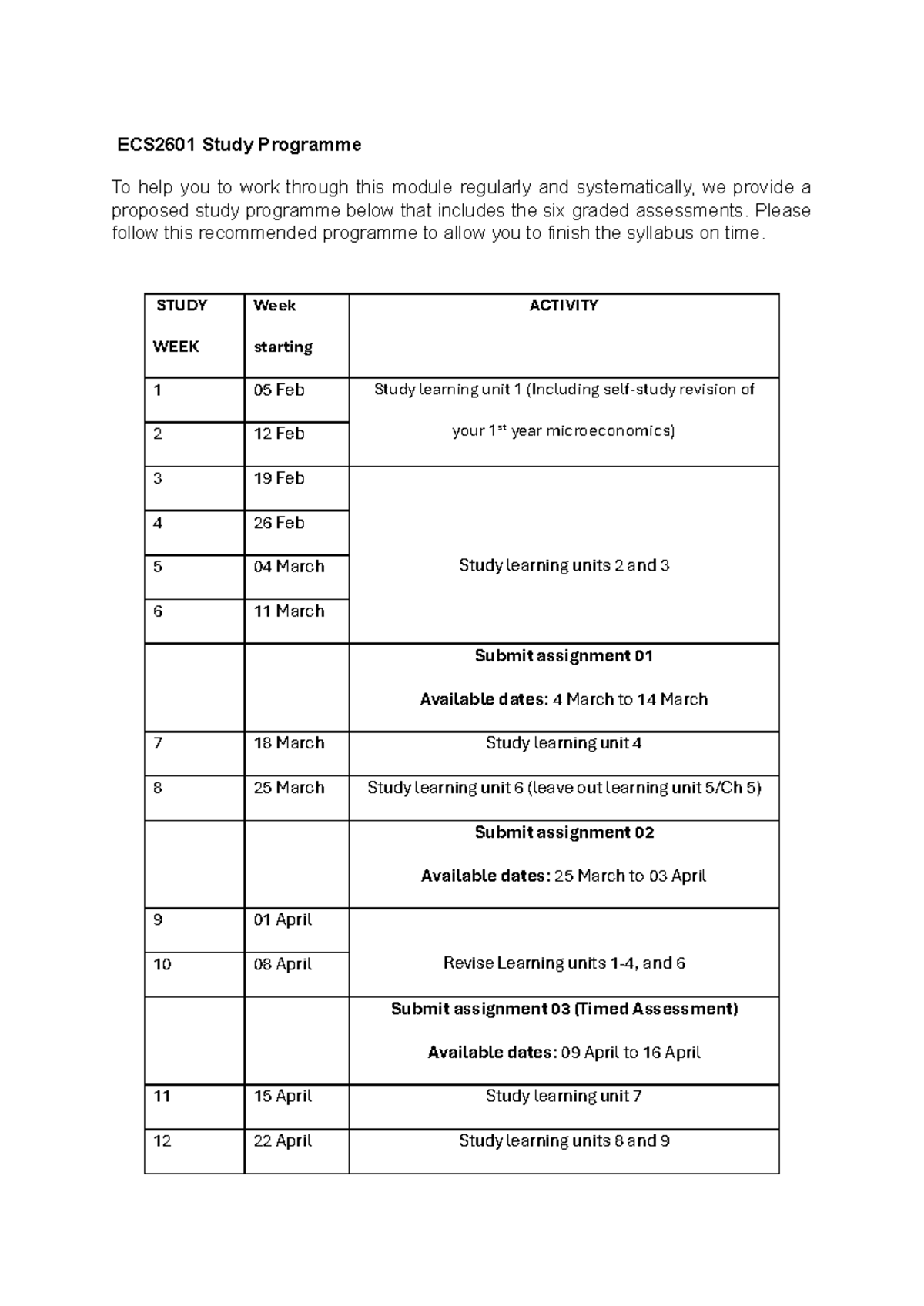 ECS2601 2024S1 Study Programme - ECS2601 Study Programme To help you to ...