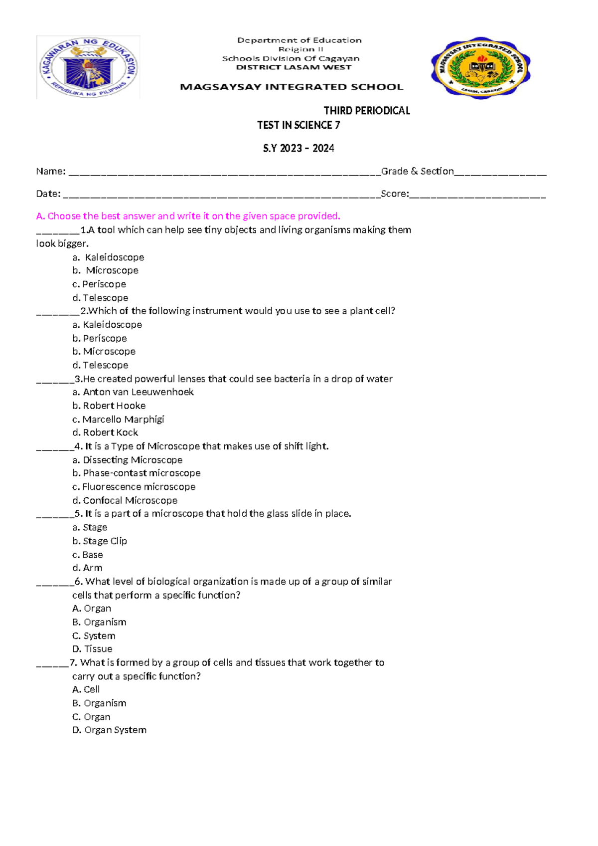 2nd EXAM science - REVIEWER - THIRD PERIODICAL TEST IN SCIENCE 7 S 2023 ...