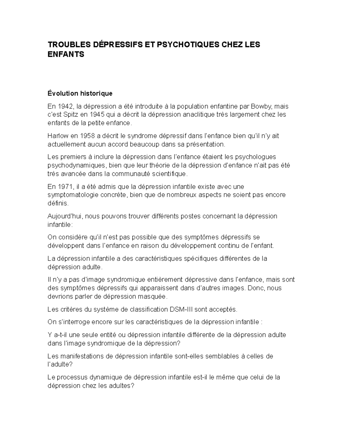 Troubles dépressifs et psychotiques chez les enfants - TROUBLES ...