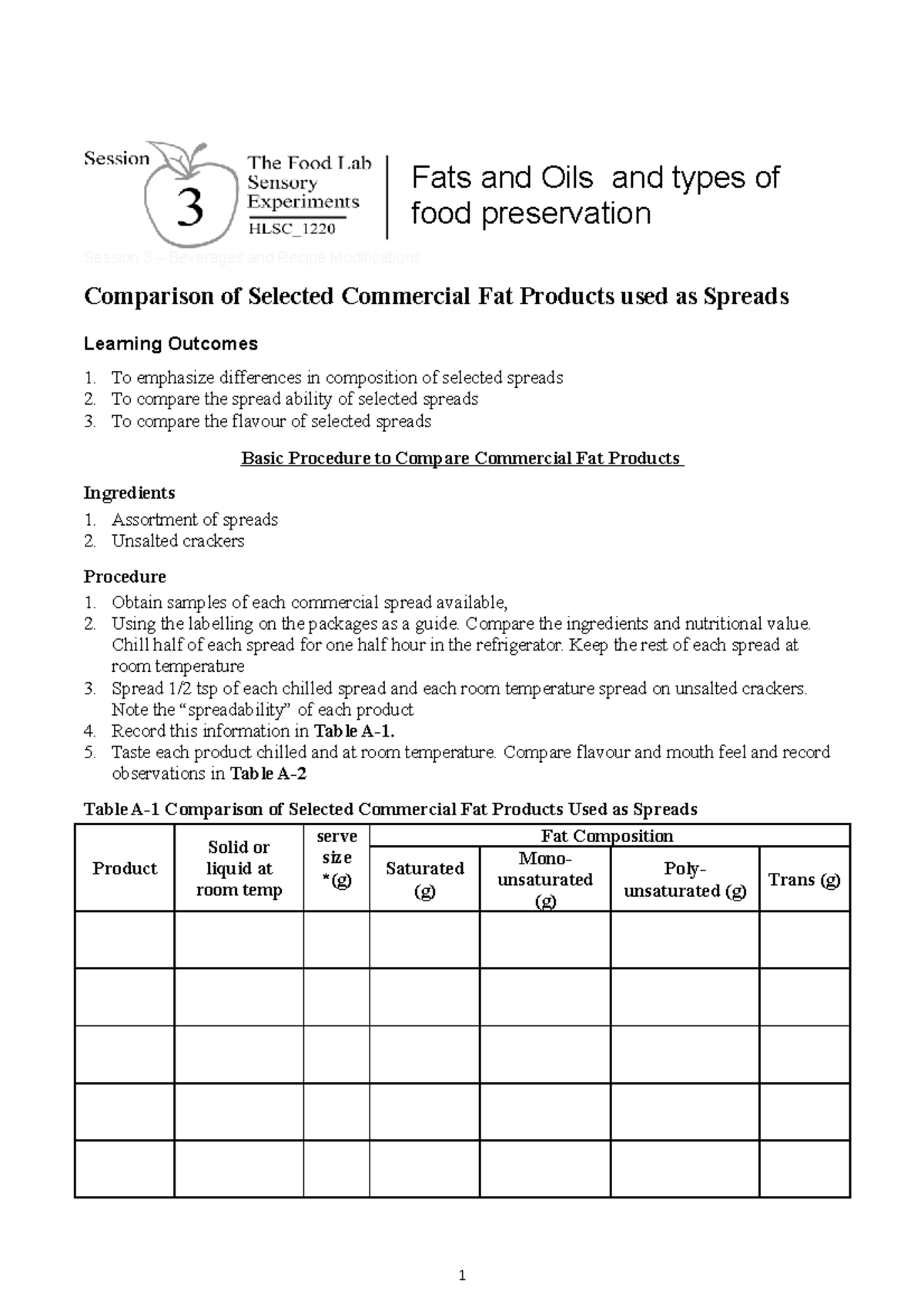 Lab Manual prt3 4 Session 3 Fats and Oils and types of food
