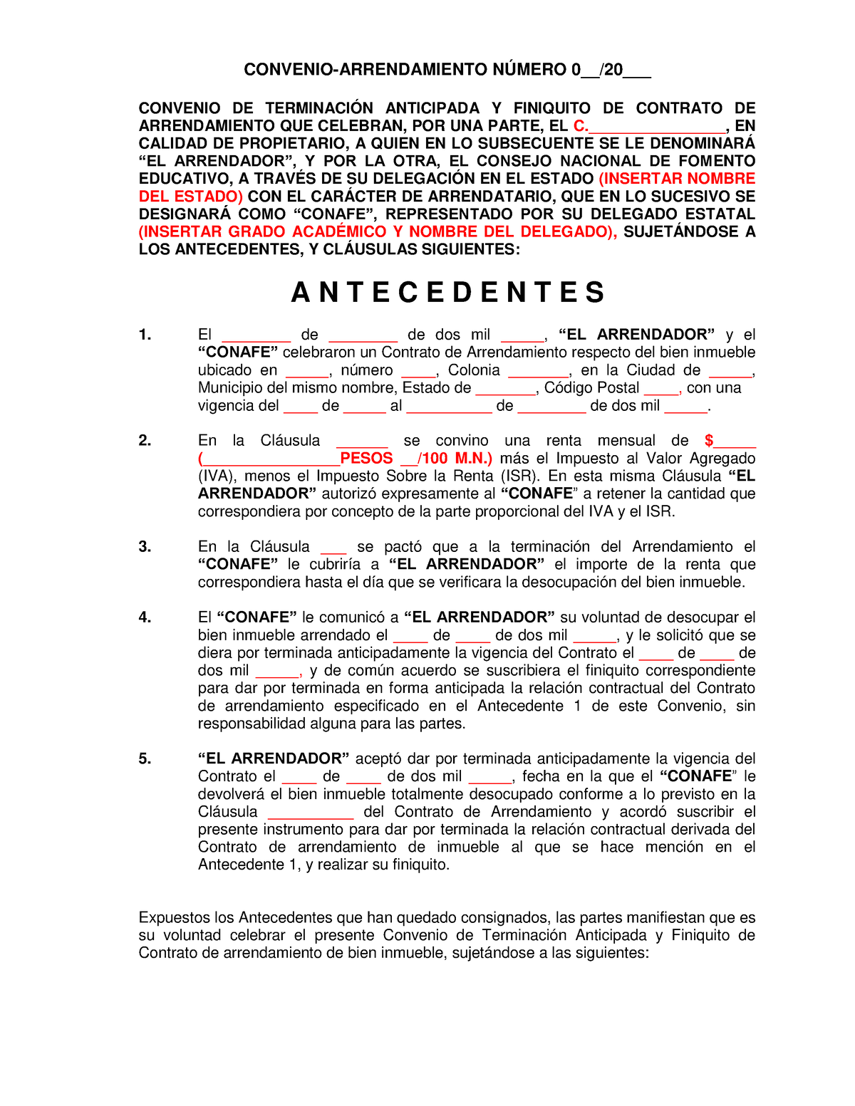 Formato Terminaci N Anticipada Y Finiquito DE Arrendamiento - CONVENIO ...