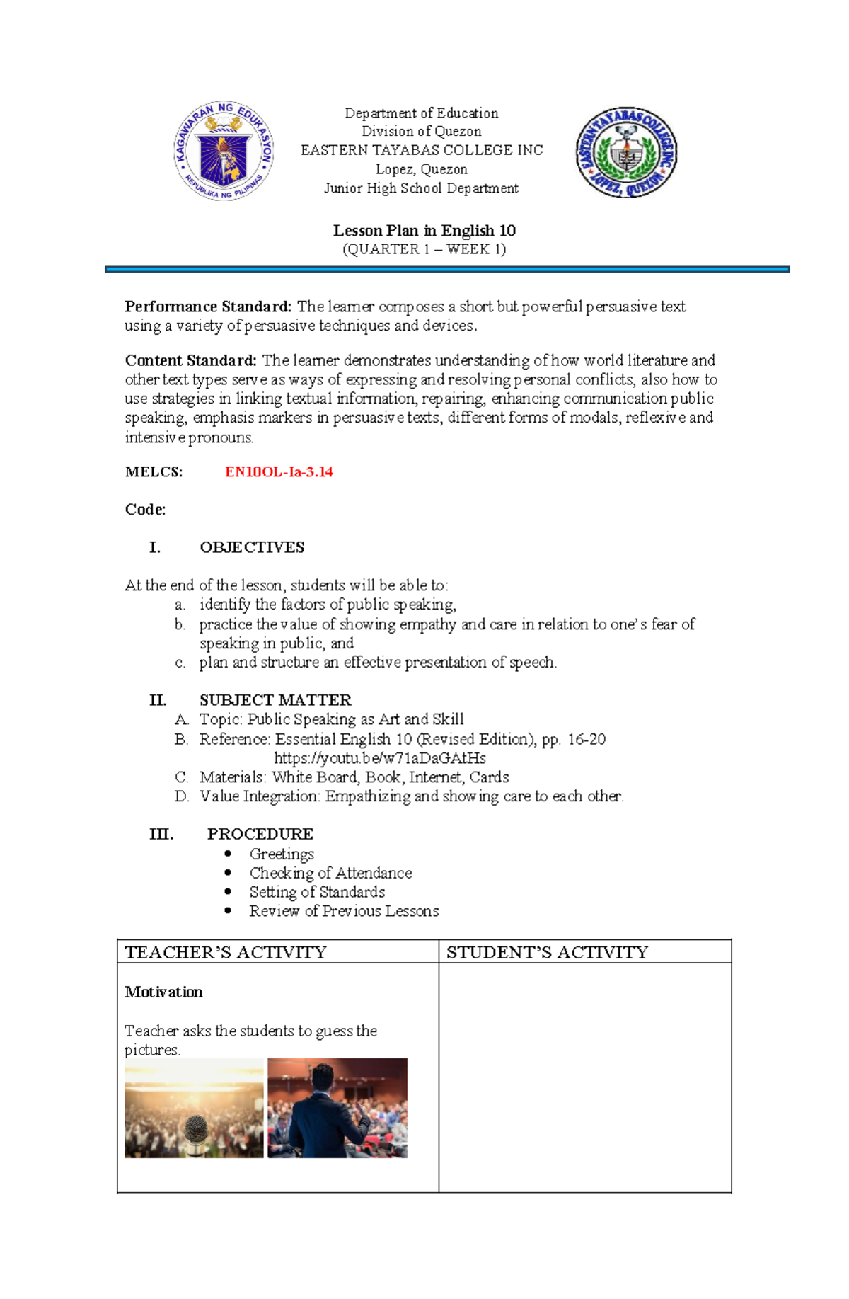 LP Public Speaking - English 10-1st Quarter - Lesson Plan in English 10 ...