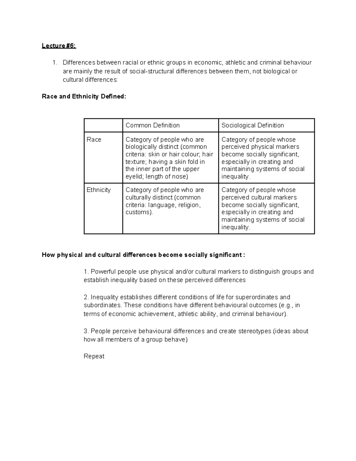 Soc 100 Final Exam Notes - Lecture #6: Differences between racial or ...