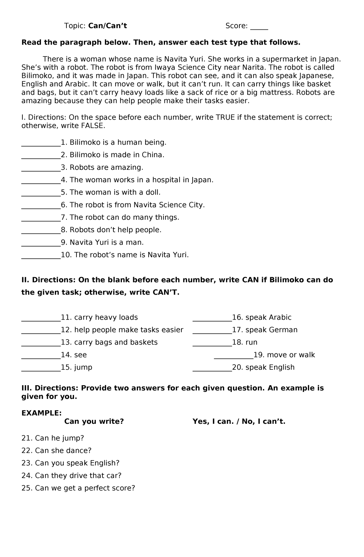 GE. Can or Can't - modals - Topic: Can/Can’t Score: _____ Read the ...