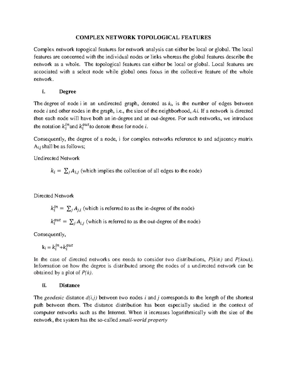 Complex Network Topological Features - COMPLEX NETWORK TOPOLOGICAL ...