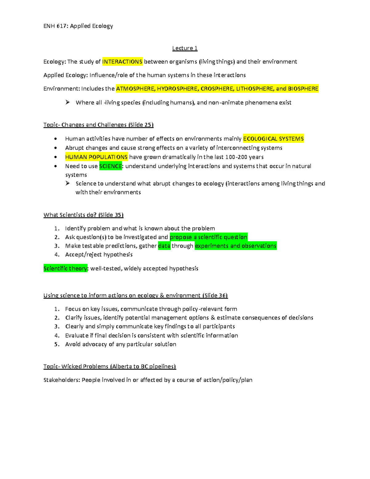 Ecology study notes Lec 1 2 - ENH 617: Applied Ecology Lecture 1 ...