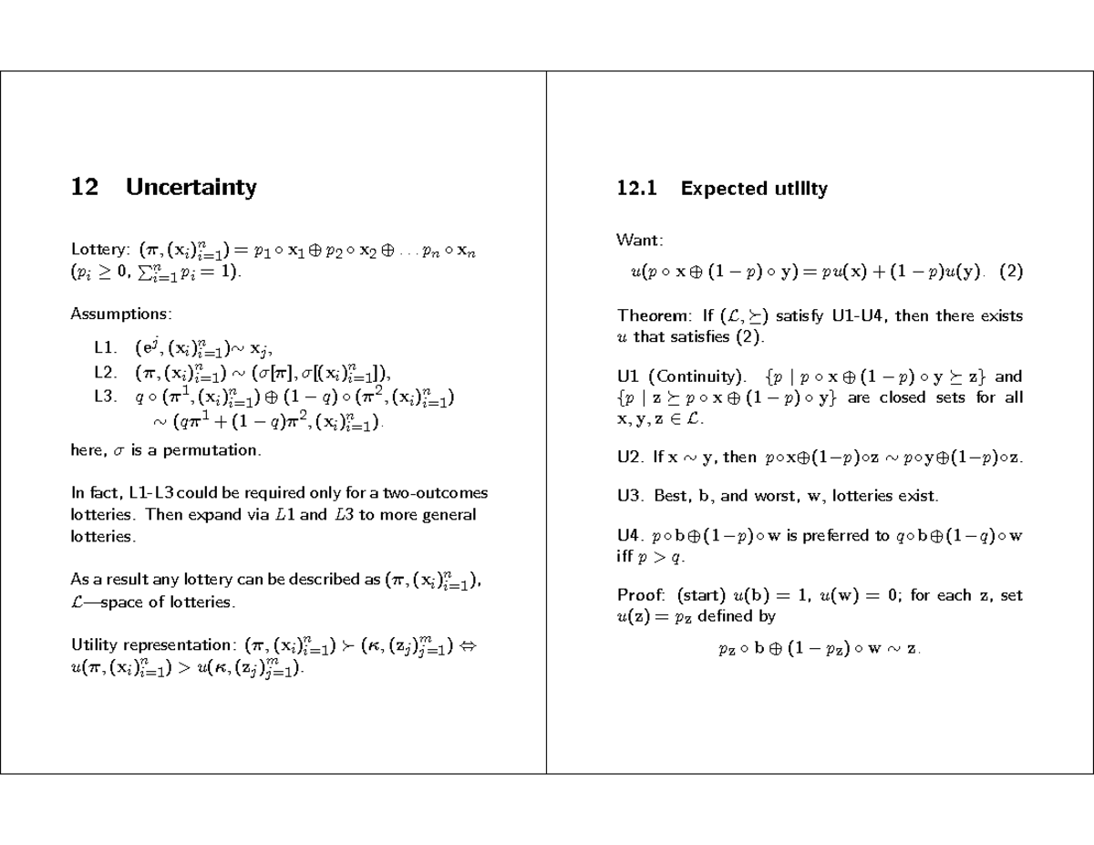 Uncertainty - Lecture Notes 45-48 - 12 Uncertainty Lottery: (π,(xi)ni=1 ...