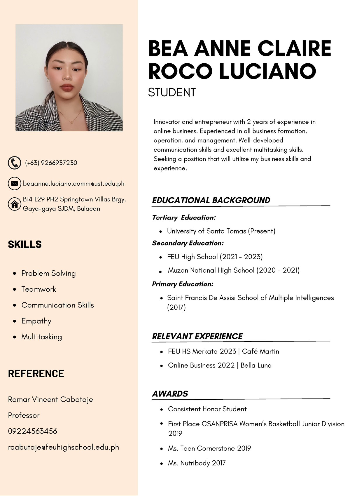 Entrepreneur Resume - BS Psychology - UST - Studocu