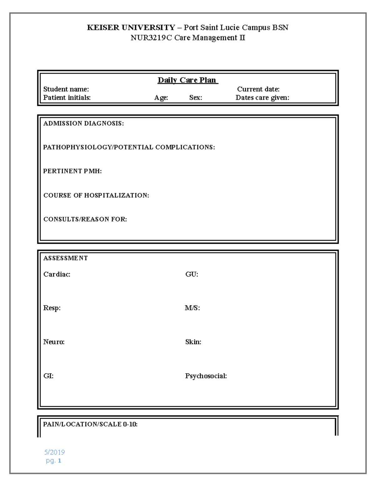 Daily Care Plan - Care plan - NUR3219C Care Management II Daily Care ...