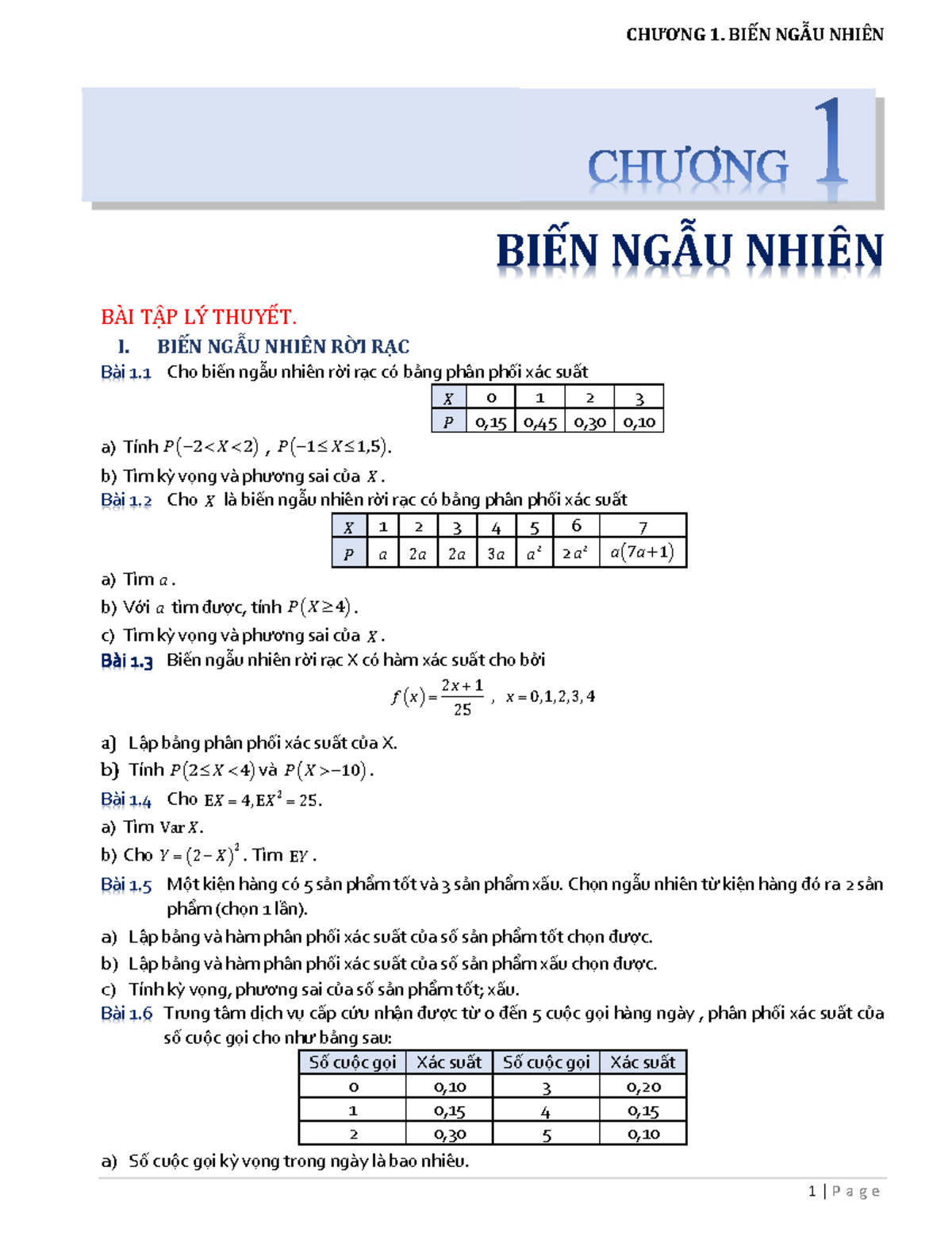 BÀI TẬP C1 BIẾN NGẪU Nhiên - CHƯƠNG 1. BIẾN NGẪU NHIÊN BIẾN NGẪU NHIÊN ...