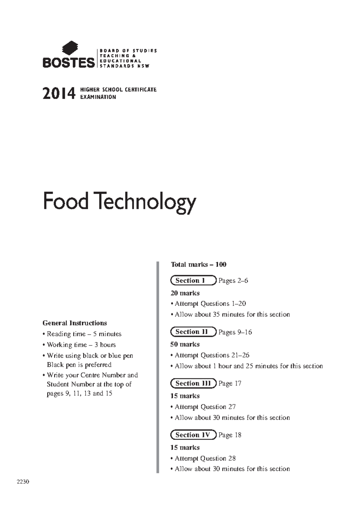 2014 Food Tech Paper - General Instructions Reading time – 5 minutes ...