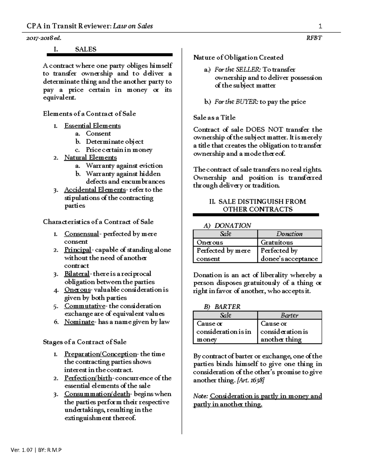 CPA RFBT Reviewer Law On Sales - 2017-2018 Ed. RFBT I. SALES A Contract ...