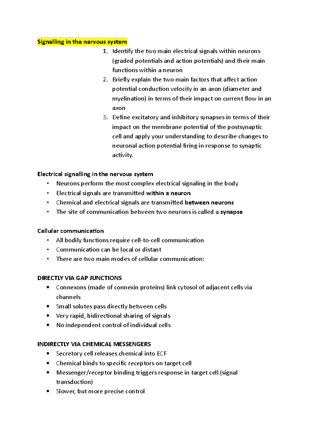 Signalling in the nervous system - Identify the two main electrical ...