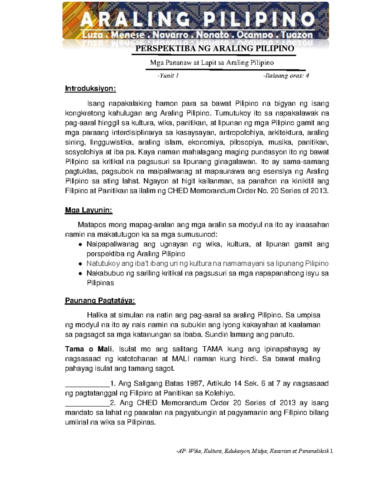 Araling Pilipino Modyul PERSPEKTIBA NG ARALING PILIPINO Mga Pananaw