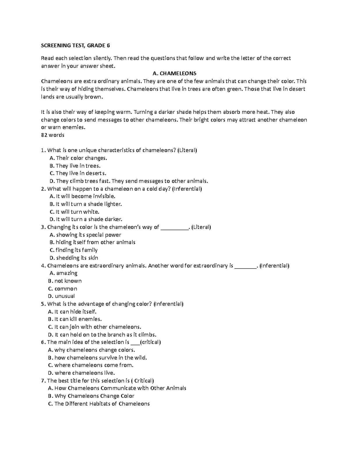 Screening TEST in English 6 SCREENING TEST, GRADE 6 Read each