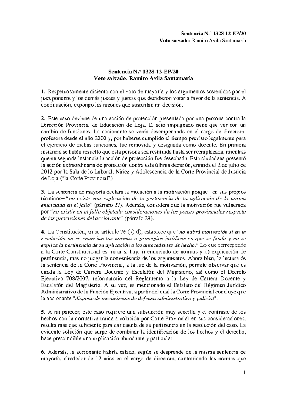 Sentencia N.° 1328-12-EP/20 Voto Salvado: Ramiro Avila Santamaría ...