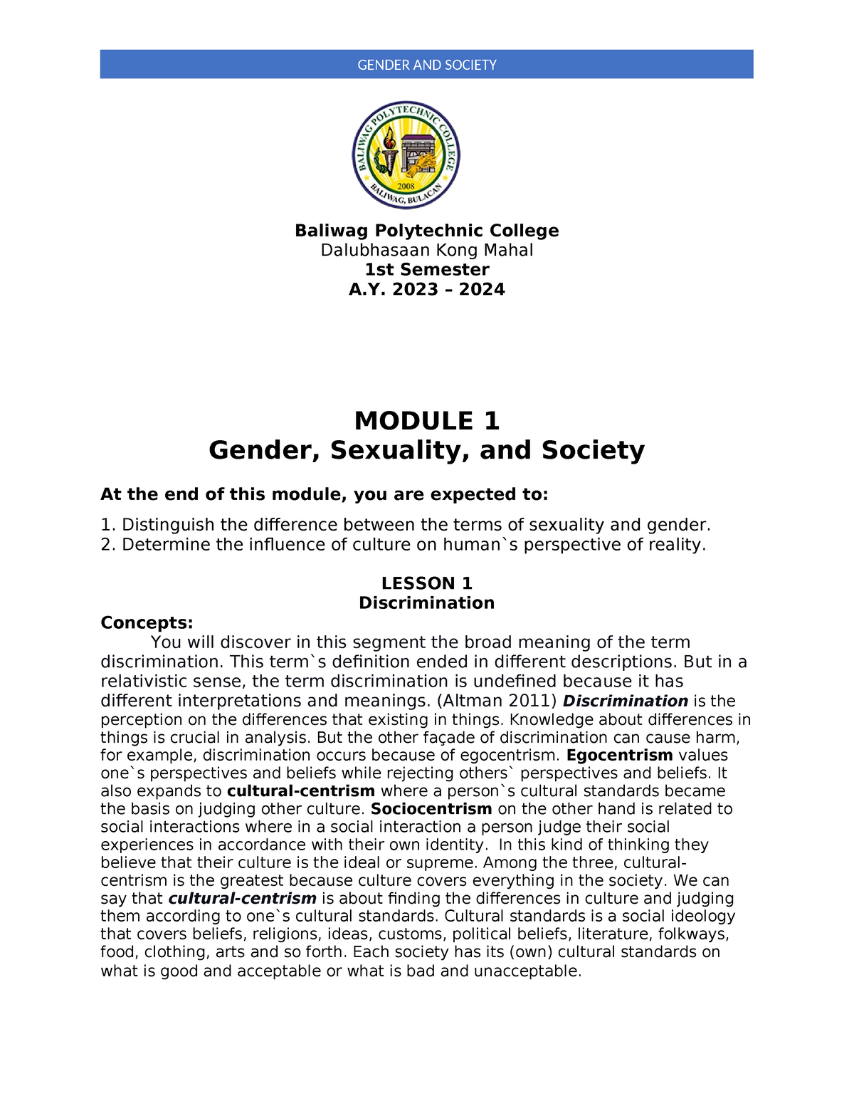 Module 1 - Gender And Society - Baliwag Polytechnic College Dalubhasaan ...