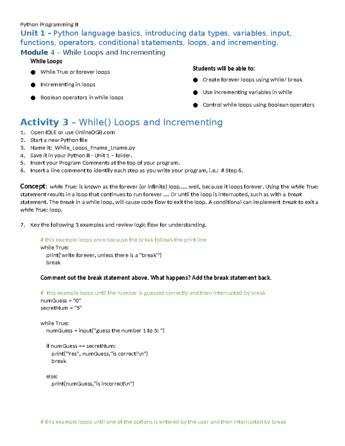 Looping Activity - Unit 1 - Python language basics, introducing data ...