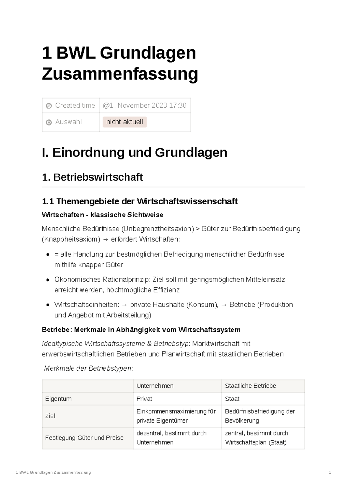 1 BWL Grundlagen Zusammenfassung bis 28.11.2023 - 1 BWL Grundlagen