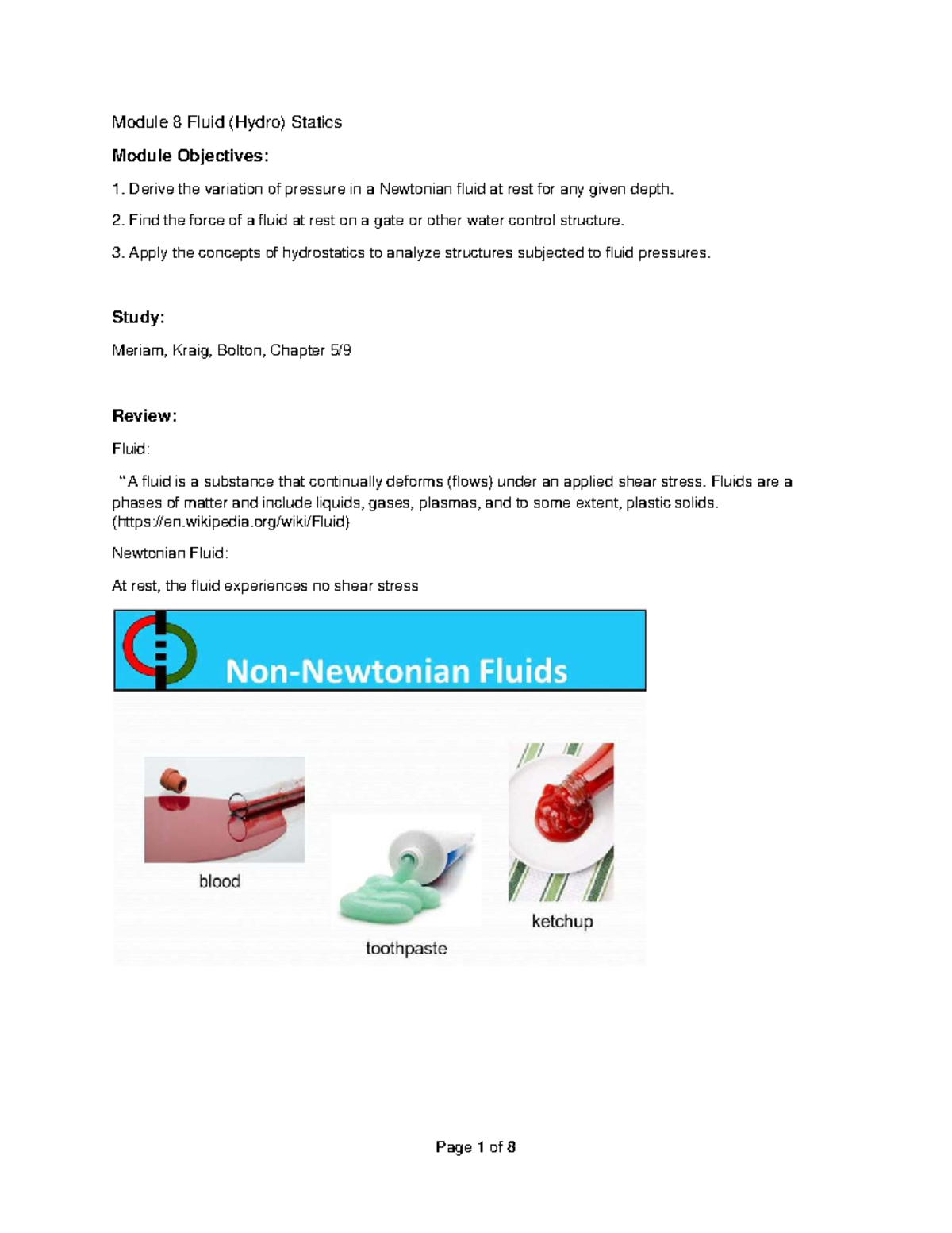 CVEEN 2010 Module 8 Note Module 8 Fluid (Hydro) Statics Module