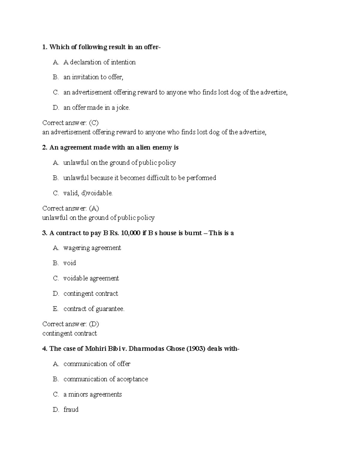MCQ on Contract with answer 1. Which of following result in an offer