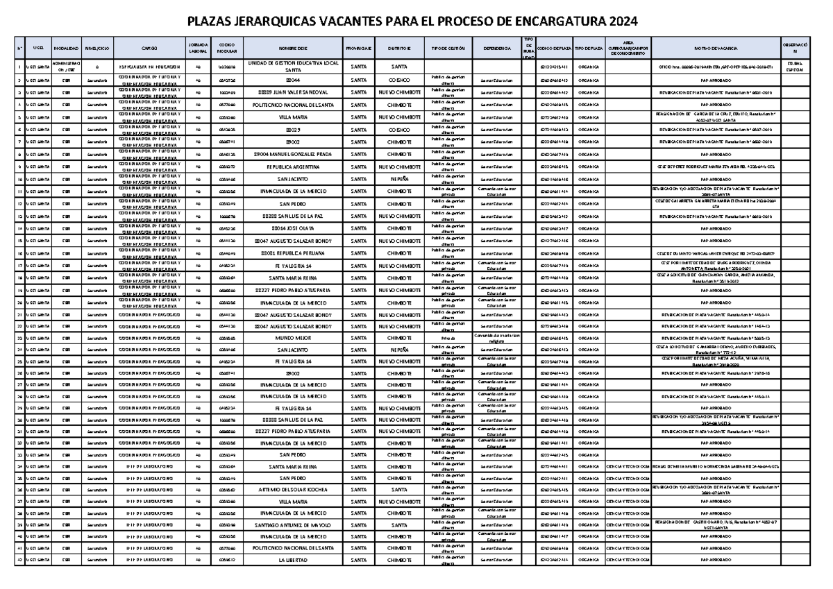 Plazas Jerarquicas Vacantes PARA EL Proceso DE Encargatura 2024-1 - N ...