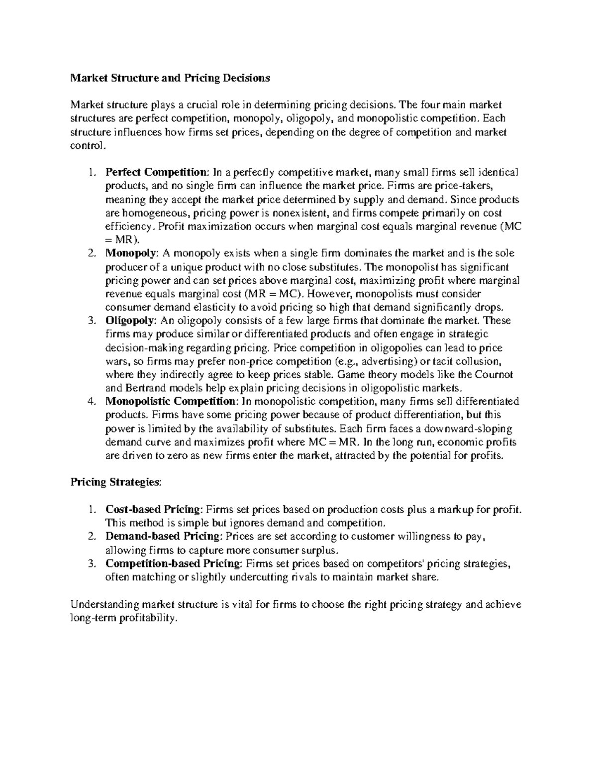 Market Structure and Pricing Decisions - The four main market ...