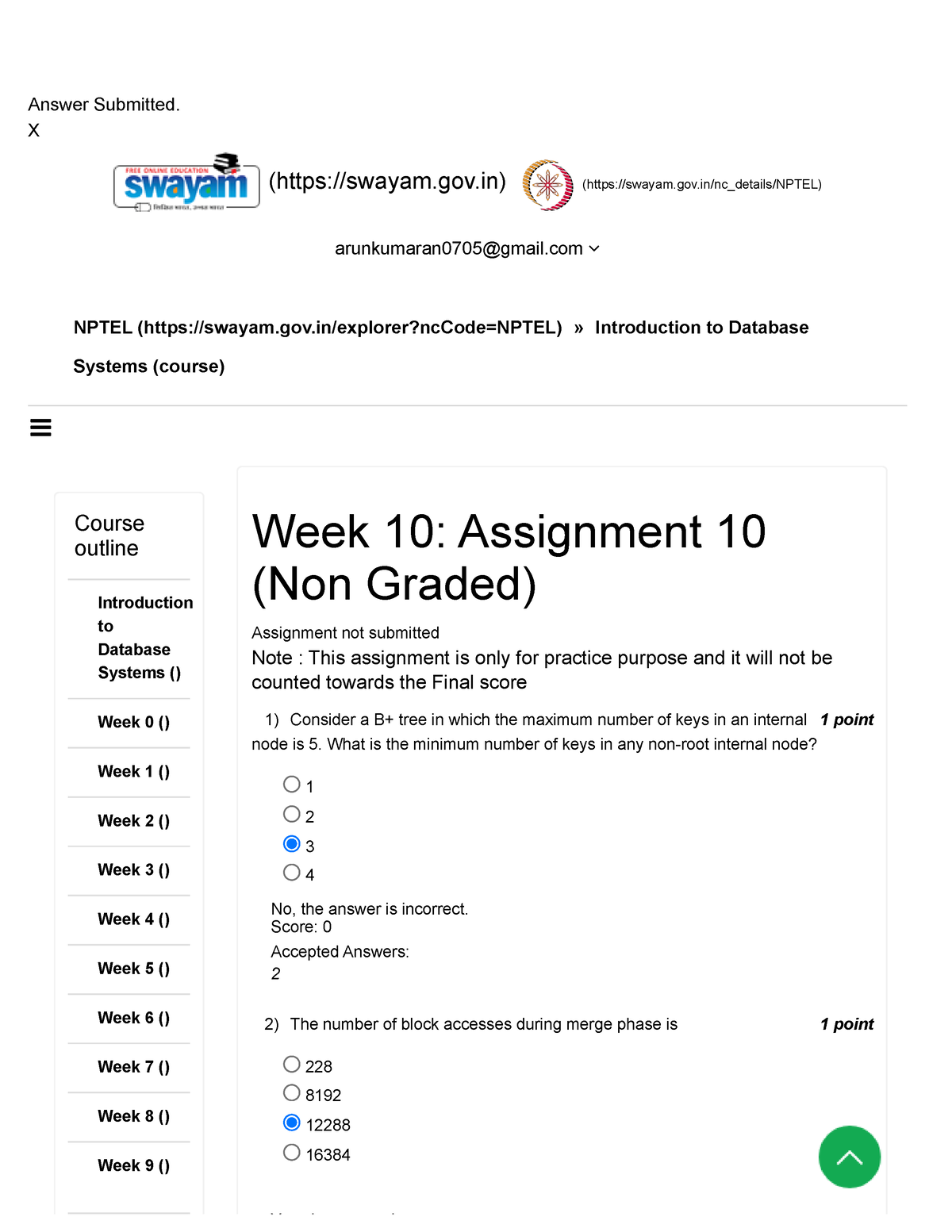 Week 10 - DBMS - Answer Submitted. X NPTEL (swayam.gov/explorer?ncCode ...