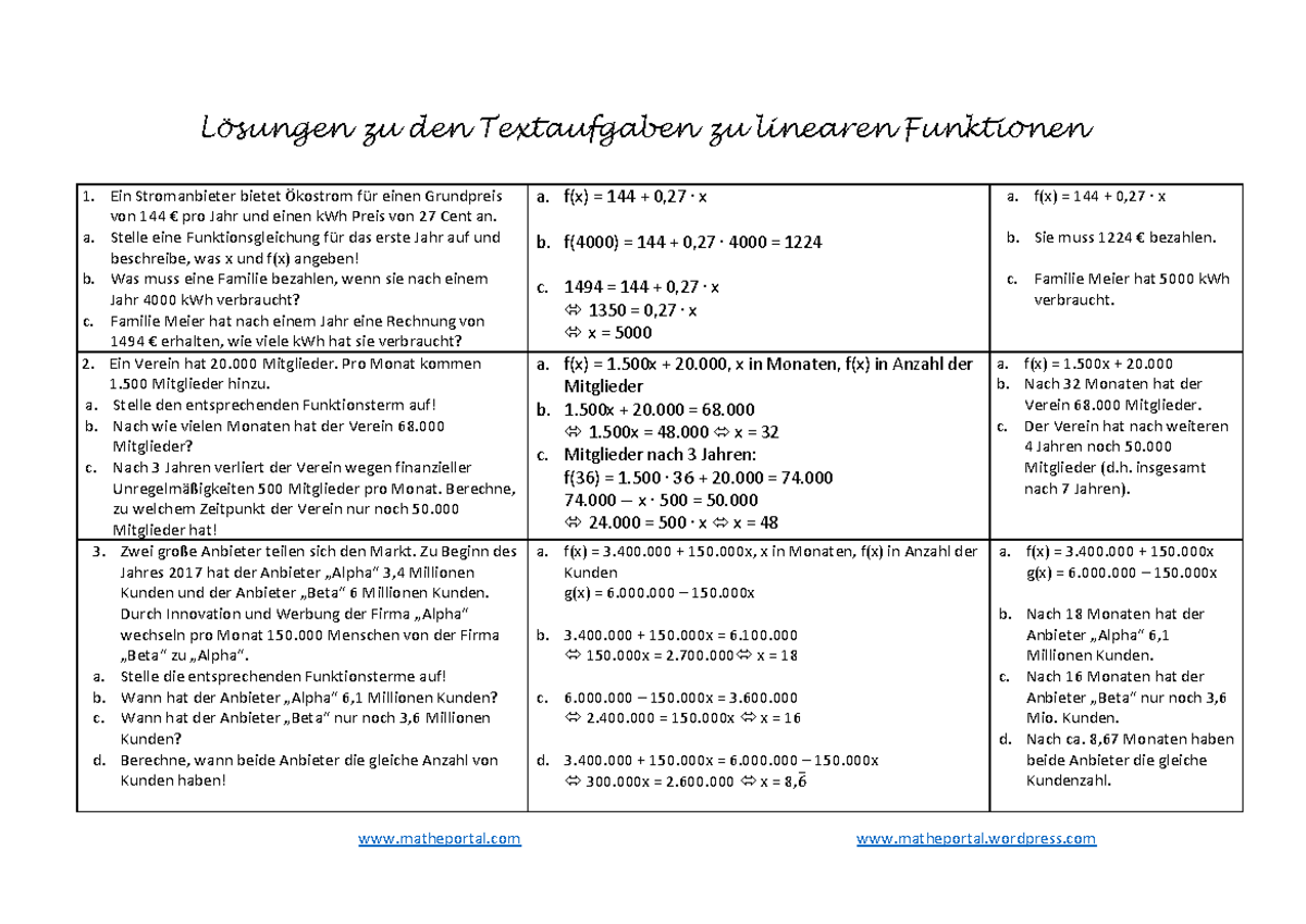 Aufgaben Zu Linearen Funktionen Mit Lösungen www.studocu.com