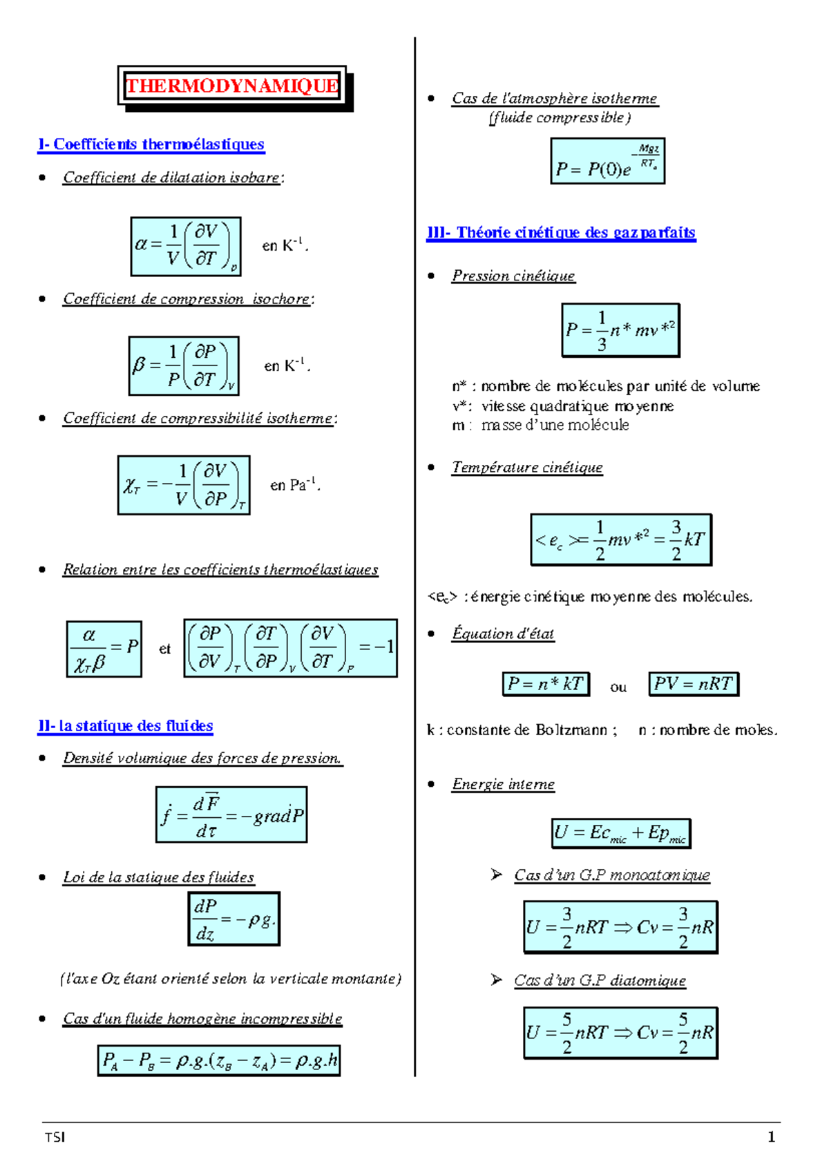 Résumé Thermodynamique sup - THERMODYNAMIQUE I- Coefficients ...