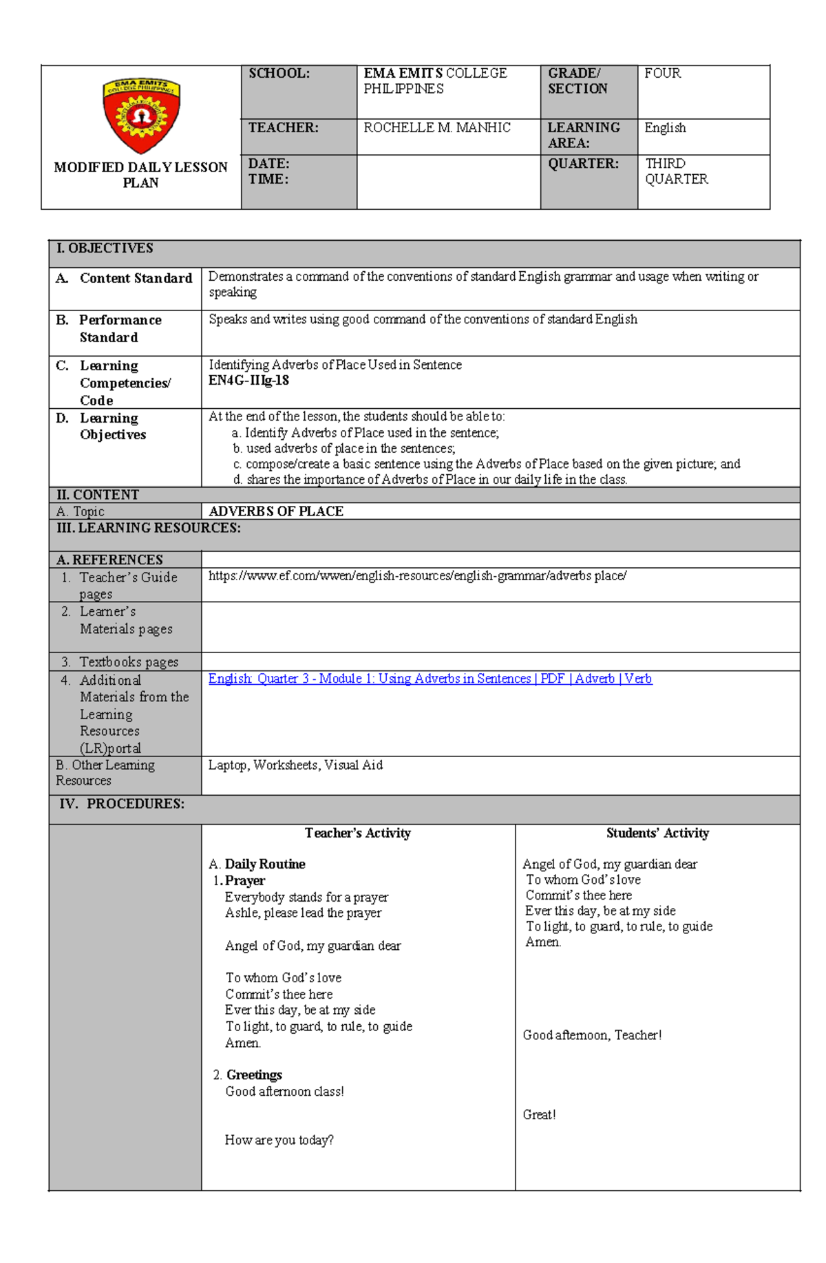 LP-english 4-edit - LESSON PLAN - MODIFIED DAILY LESSON PLAN SCHOOL ...