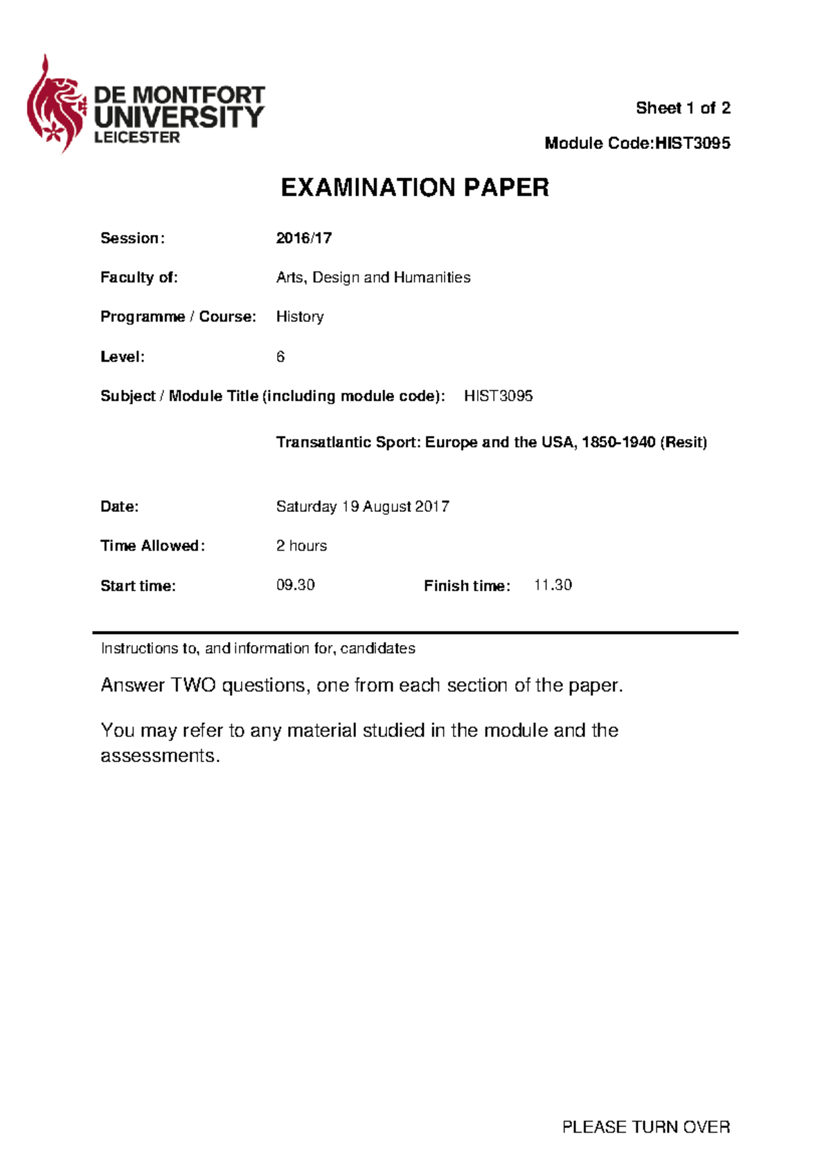 Exam 24 August 2017, questions - Sheet 1 of 2 Module Code:HIST3095 ...