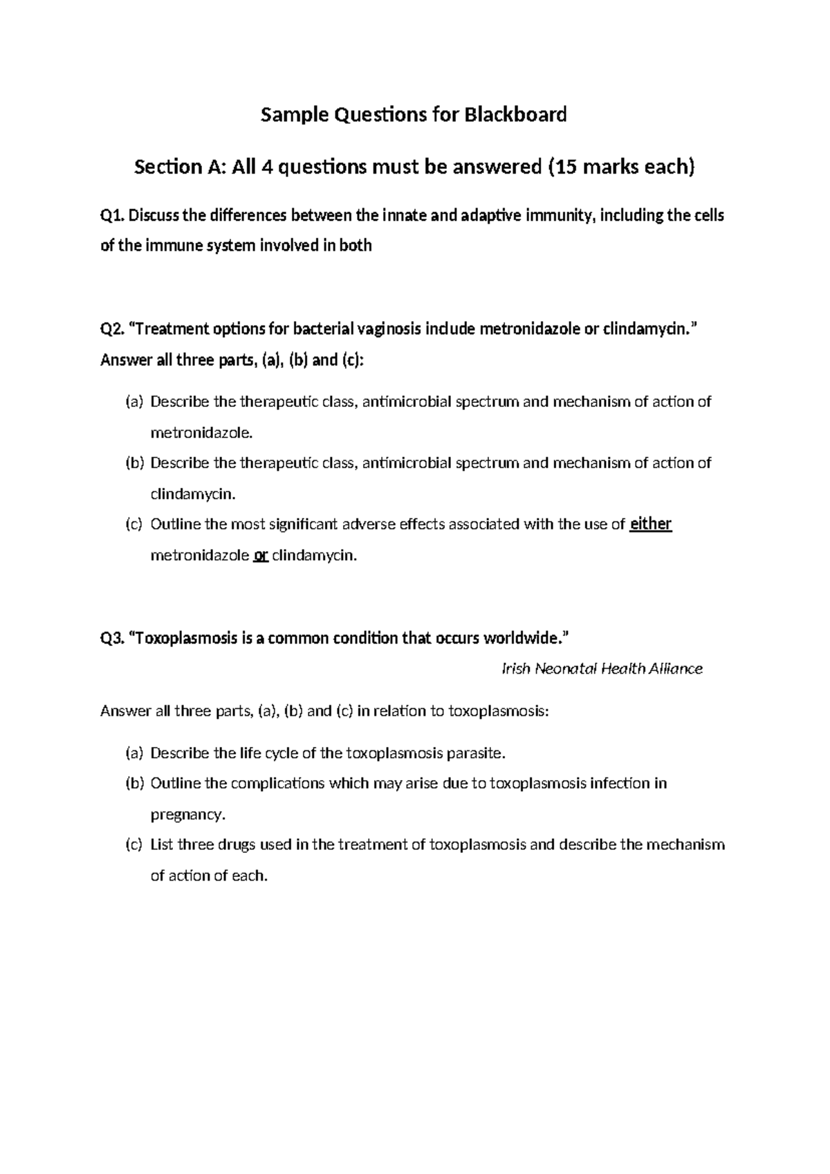 Sample Questions for molecular - Sample Questions for Blackboard ...