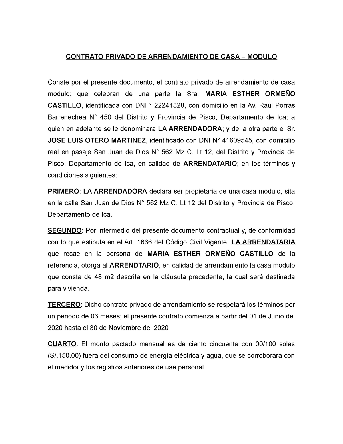 Modelo Contrato Privado DE Arrendamiento DE CASA - CONTRATO PRIVADO DE  ARRENDAMIENTO DE CASA – - Studocu