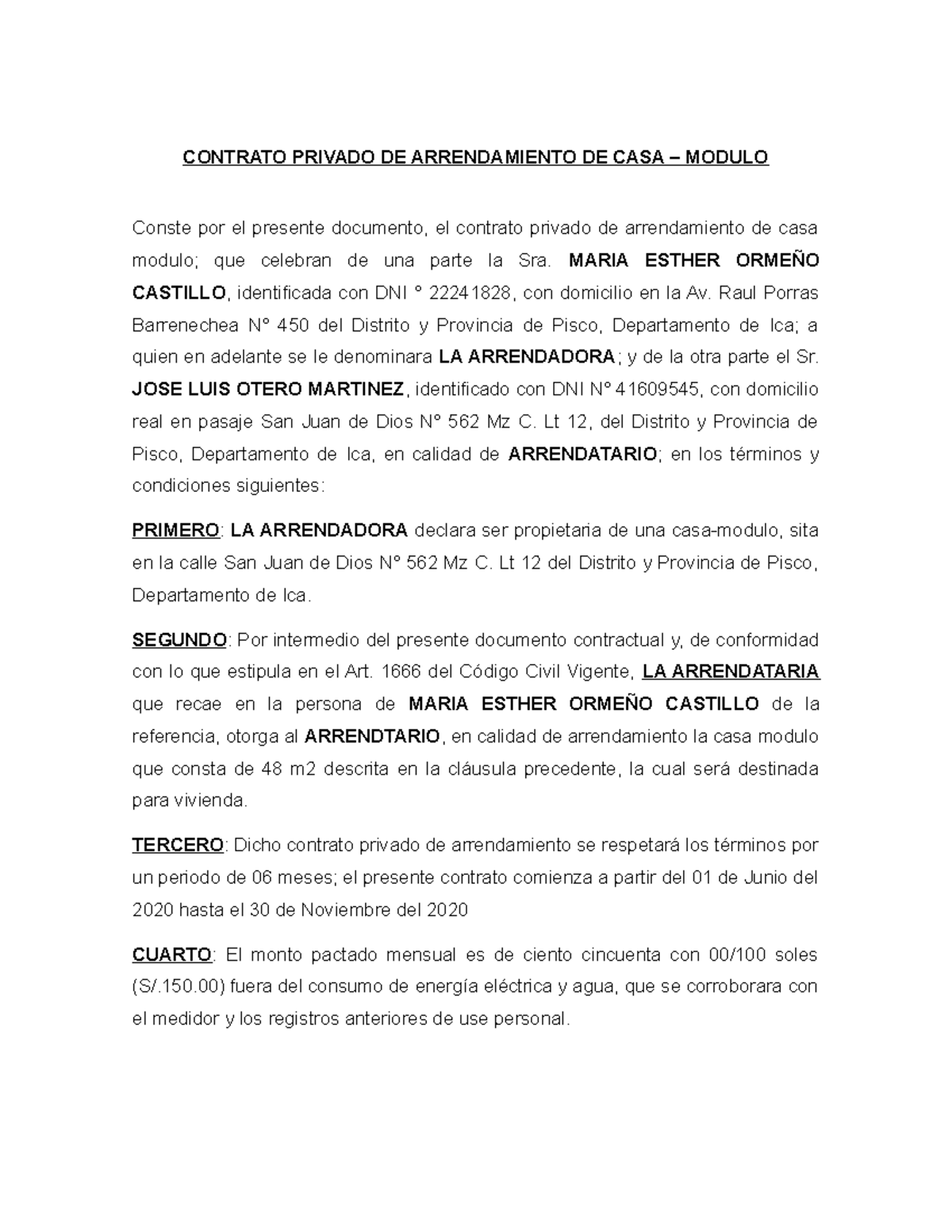 Modelo Contrato Privado DE Arrendamiento DE CASA - CONTRATO PRIVADO DE  ARRENDAMIENTO DE CASA – - Studocu