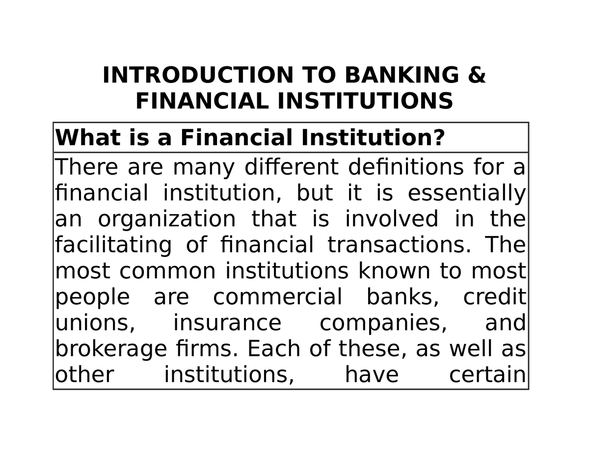 Introduction TO Banking - INTRODUCTION TO BANKING & FINANCIAL ...