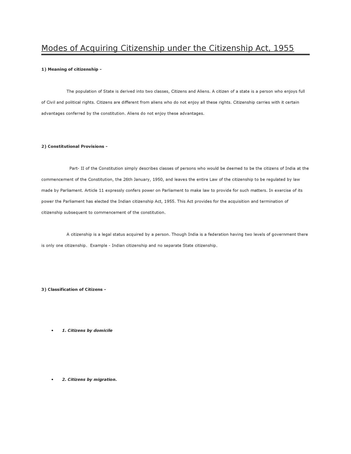 Modes of Acquiring Citizenship under the Citizenship Act - A citizen of a  state is a person who - Studocu