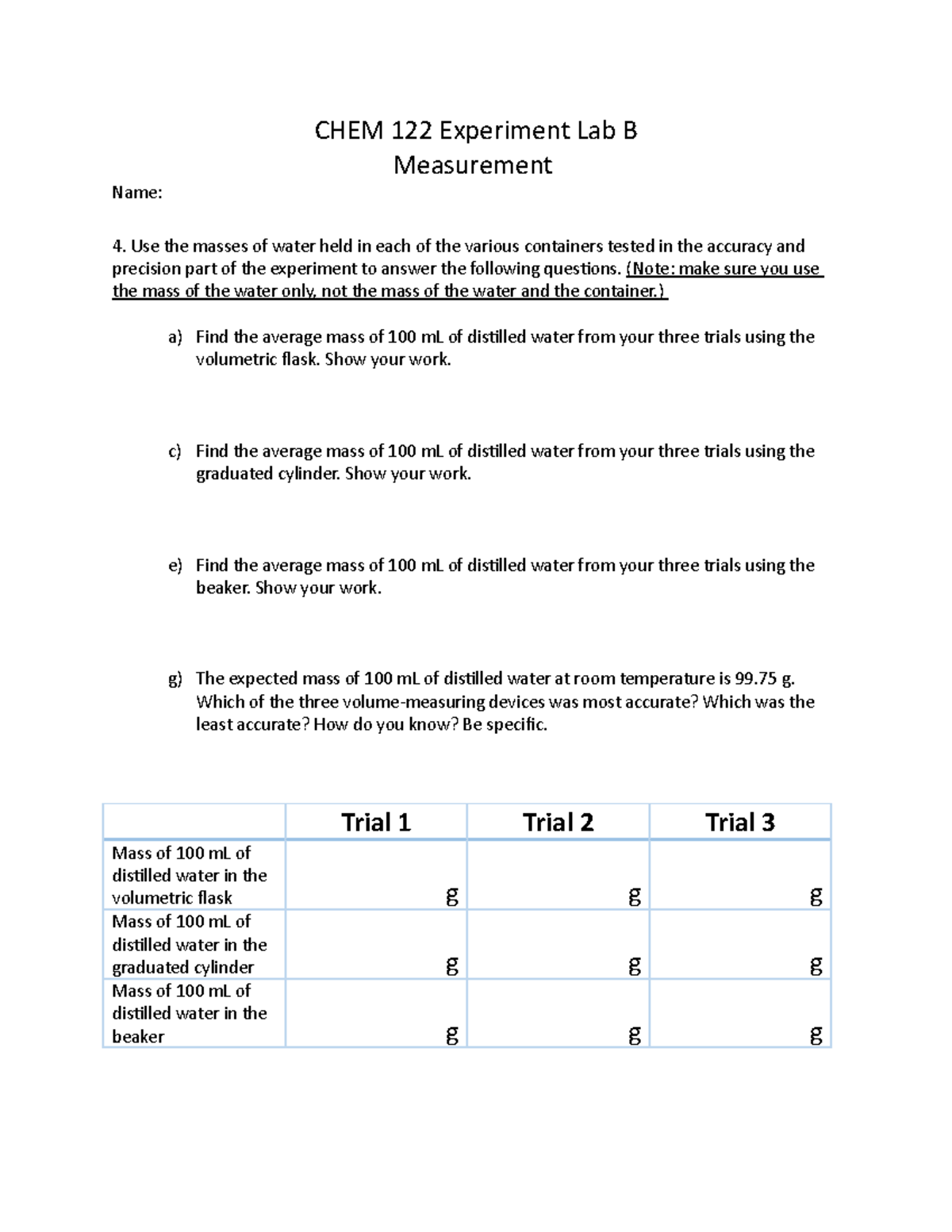 CHM 122 Lab B Measurement - CHEM 122 Experiment Lab B Measurement Name ...