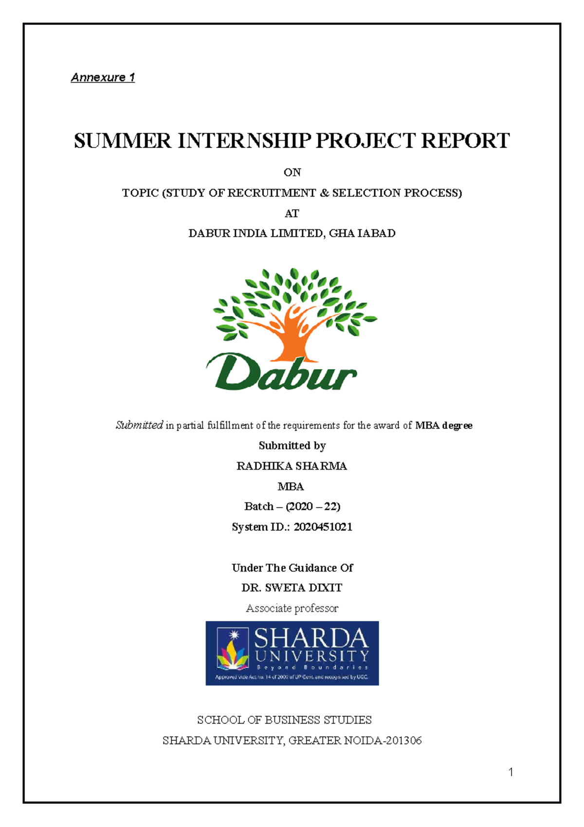 Radhika's SIP Final - SIP Report - Annexure 1 SUMMER INTERNSHIP PROJECT ...