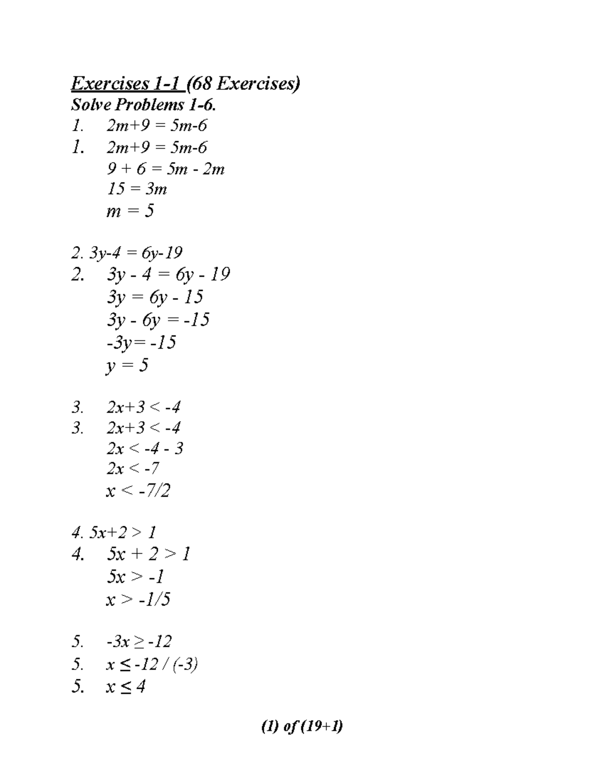 1 Exercises 1-1 + Answers - Exercises 1-1 (68 Exercises) 9 + 6 = 5m ...