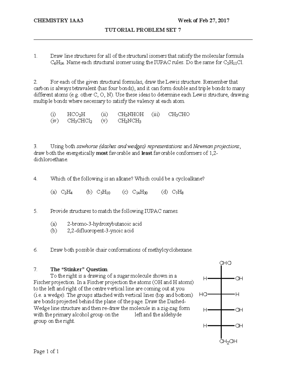 1aa3 2017 tut7 q - Notes - CHEMISTRY 1AA3 Week of Feb 27, 2017 TUTORIAL ...
