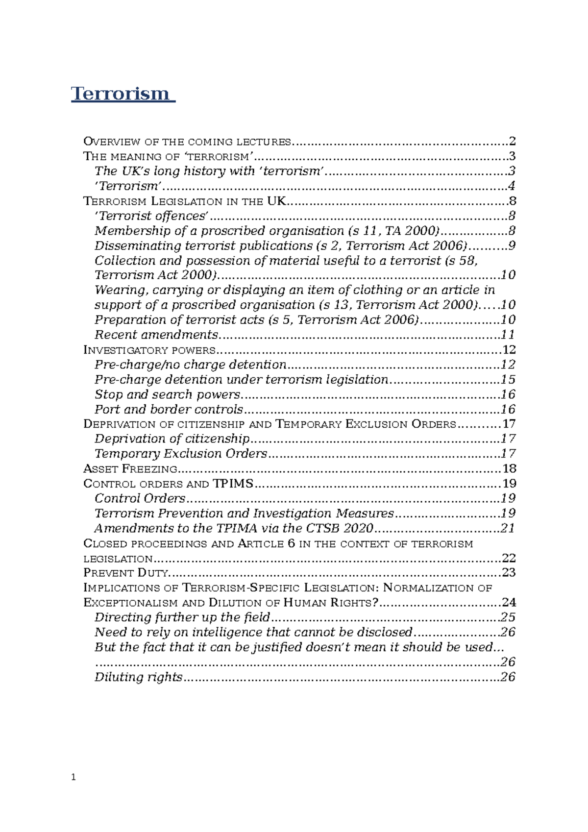 HRL10 Terrorism - lecture notes - Terrorism OVERVIEW OF THE COMING ...