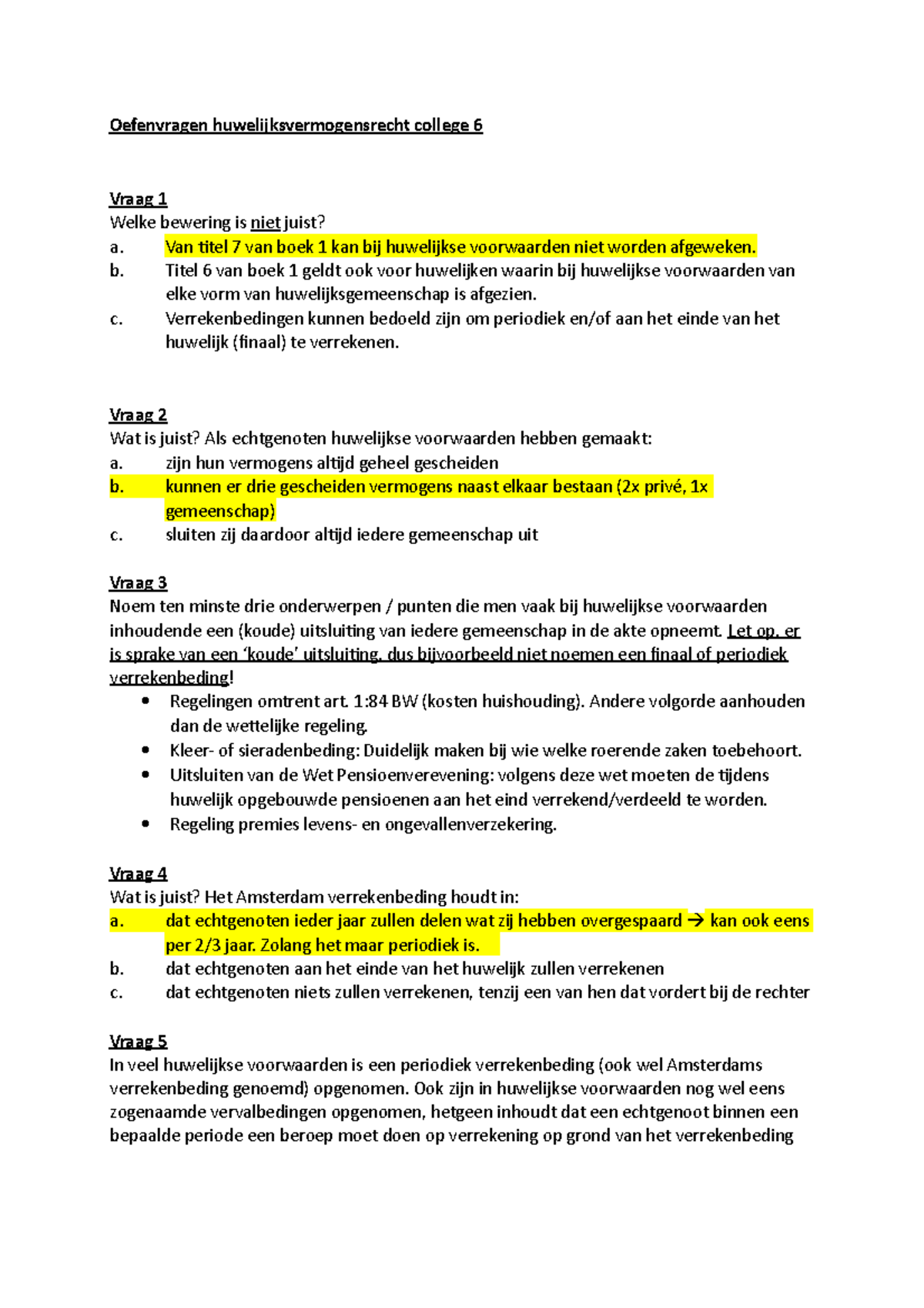 Oefenvragen College 6 En 7 - Oefenvragen Huwelijksvermogensrecht ...